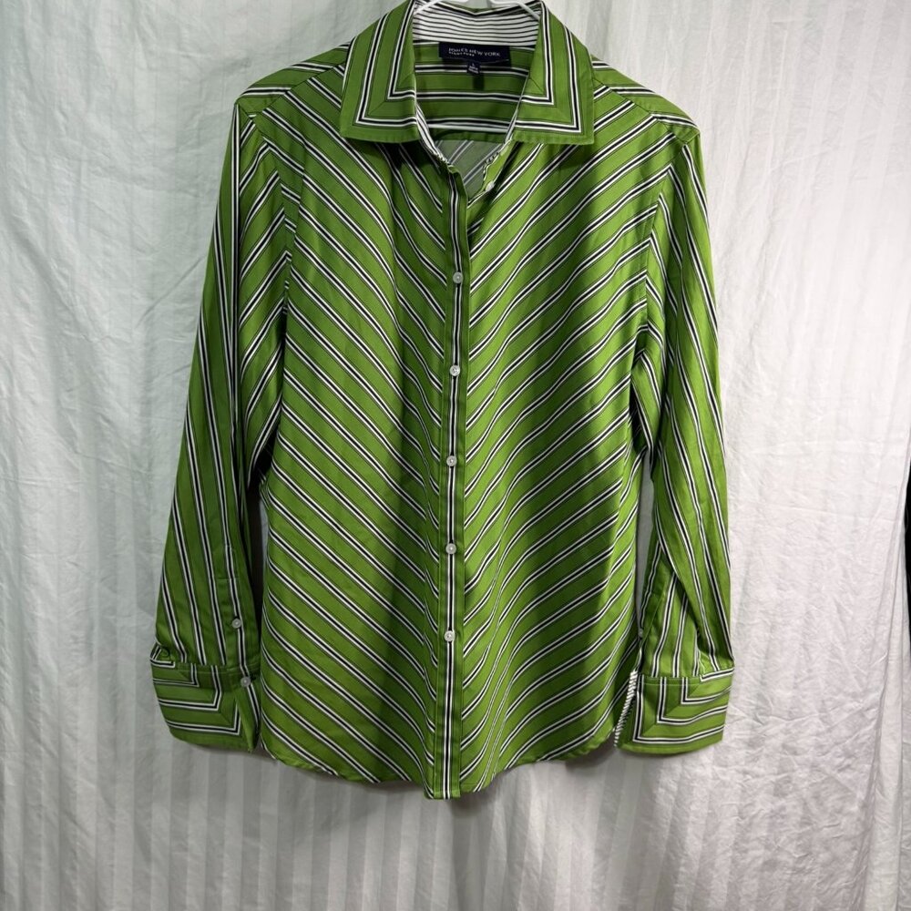 Jones New York Signature Long Sleeve Top, Green, Black & White, Size L